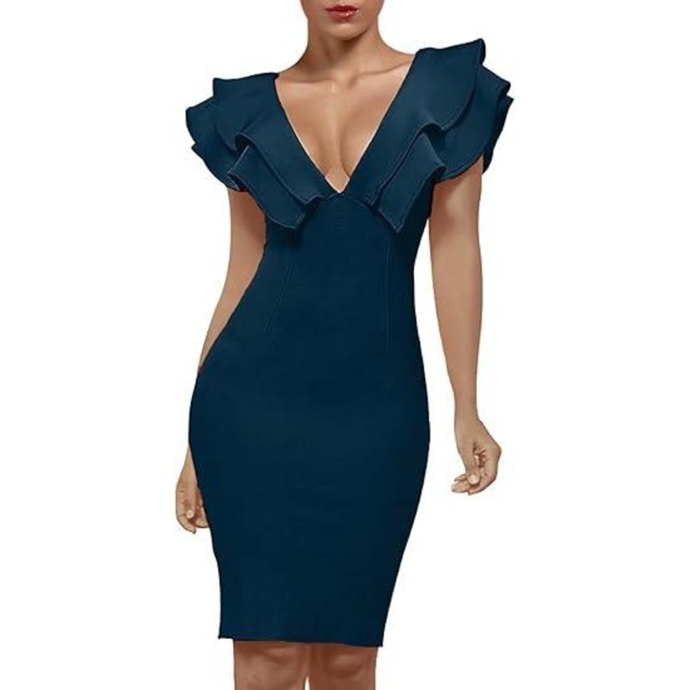 Uonbox Women's M Blue Ruffle Short Sleeve Plunge V Neck Bodycon Dress Back Spli